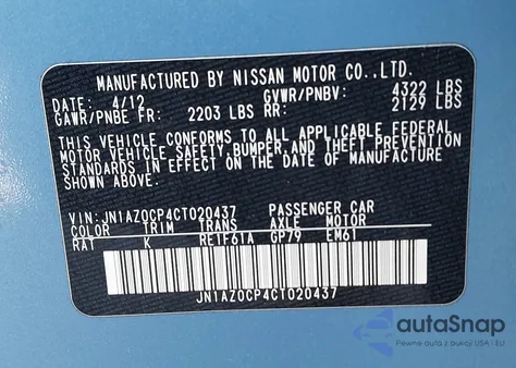 2012 Nissan Leaf Sl z USA, uszkodzony, nr VIN JN1AZ0CP4CT020437